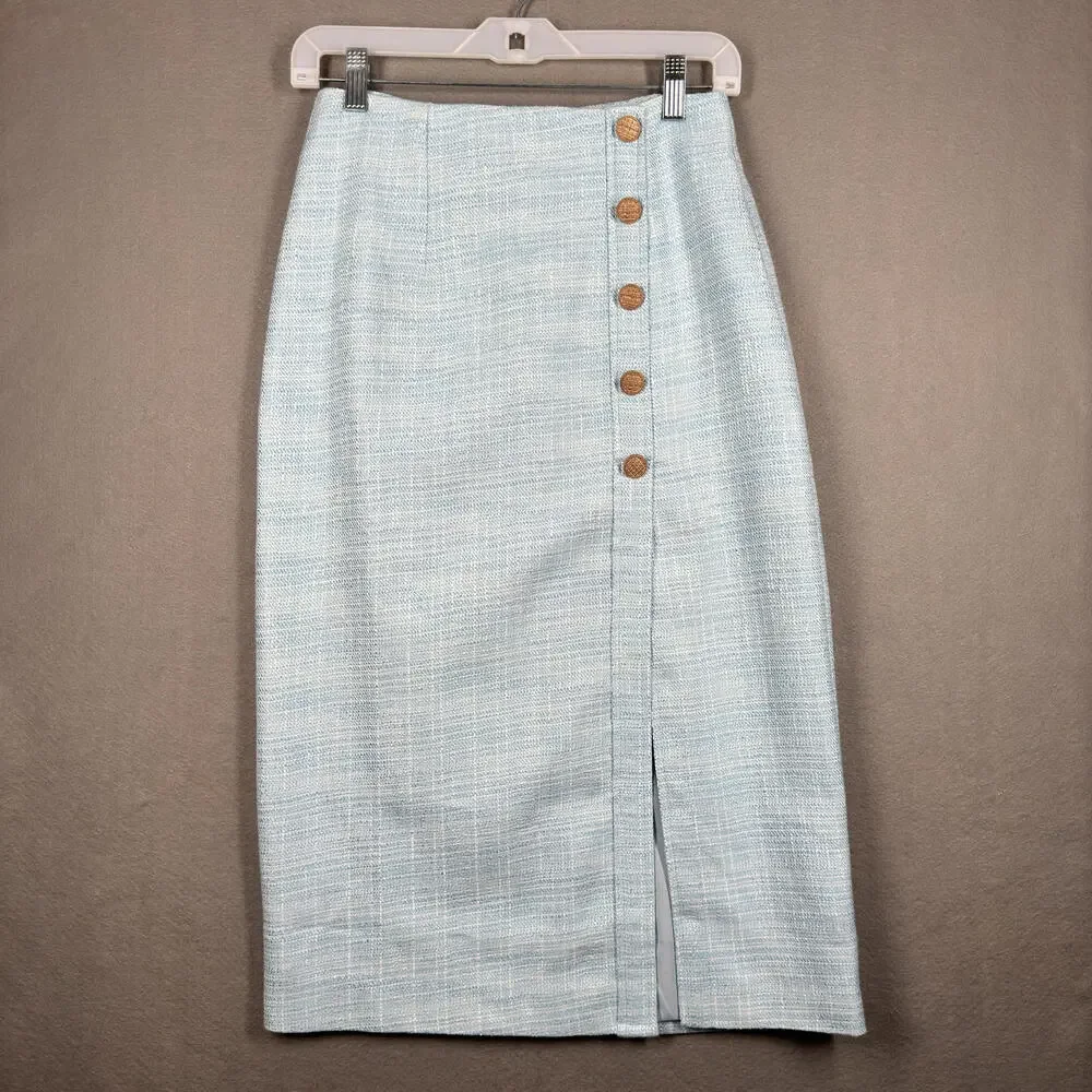 Love Bonito Light Blue Button-Front‎ Bevelyn Textured Column Midi Skirt Sz 4